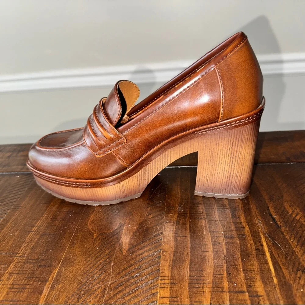 Korks Regina Brown Leather Platform Loafer Heel size 6 Never Worn - Picture 2 of 12